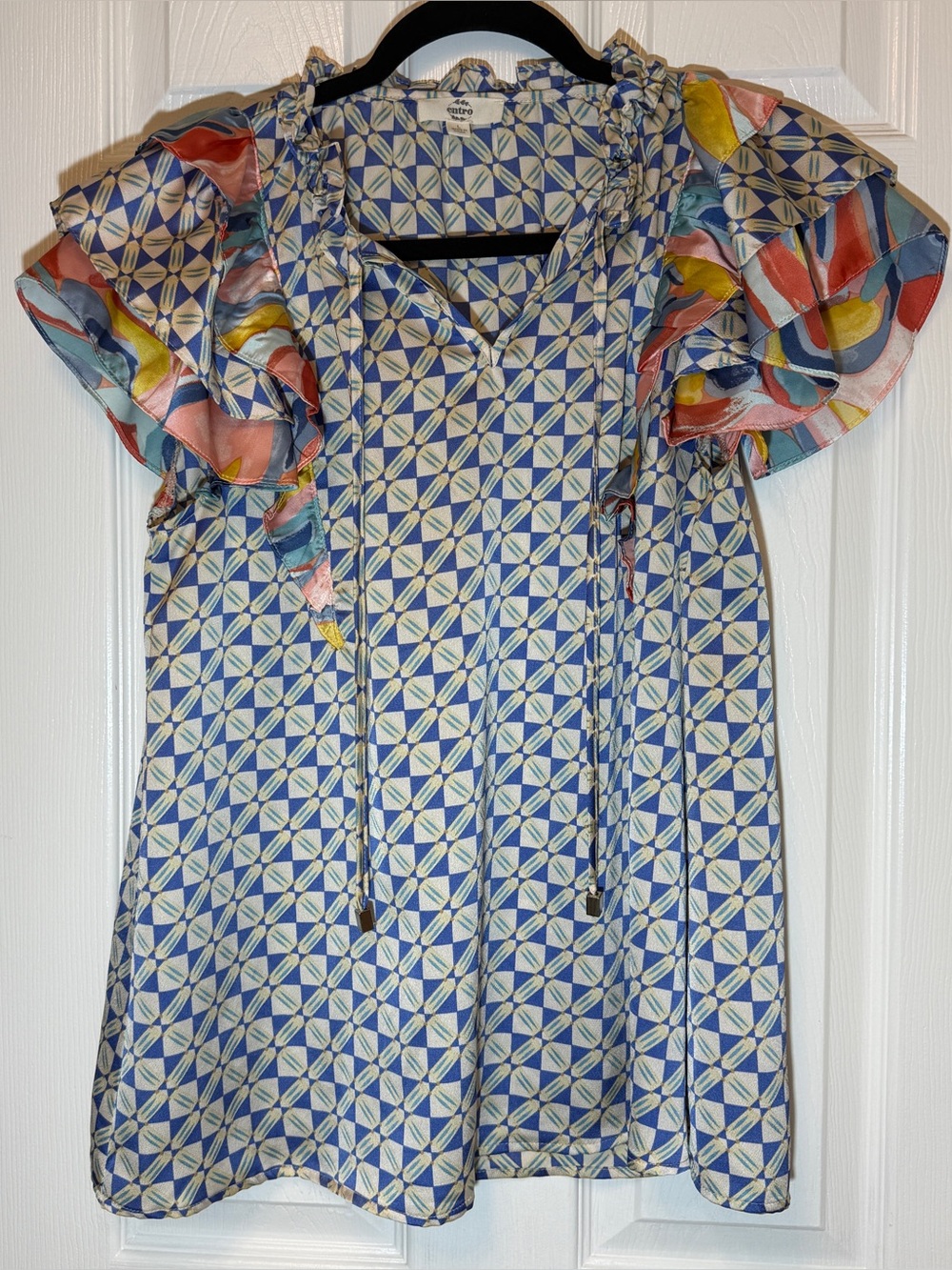 Entro Blue Geometric Print Top with Multicolor Ruffle Sleeves